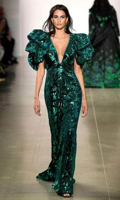 Tadashi Shoji - Sequin Puff Sleeve Plunging V-Neck Dress Evening Dresses XS / Malachite Plunging V Neck Dress, Enchanting Dress, Dramatic Sleeves, Trumpet Skirt, Puff Sleeve Dress, Tadashi Shoji, Puffed Sleeves Dress, Plunging Neckline, Fitted Bodice