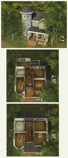 three different views of an aerial view of a house in the woods, from top to bottom