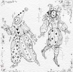 two clowns with hearts and stars on their faces, one is holding a heart