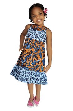 Blue and Brown African Print Dress for Girls for special occasions or casual wear Traditional Print Unique look! Brown African Print, Ankara For Kids, Africa Fashion Style, Ankara Styles For Kids, African American Fashion, Traditional African Clothing, African Dresses For Kids, African Fashion Designers, Afrikaanse Mode