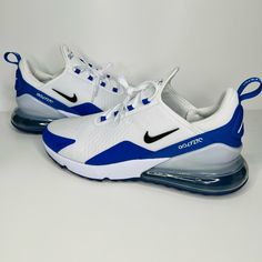 Nike Air Max 270 G Spikeless Golf Shoes White/Blue Mens Ck6483-106. Available Size 9 Men 100% Authentic Fast Shipping Nike Air Max 2090, White Basketball Shoes, Mens Tennis Shoes, Shoes Nike Air, Nike Roshe Run, Nike Air Jordans, Black Trainers, Nike Air Max 270, Air Max 270