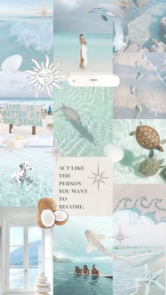 a collage of photos with words and pictures on them, including the ocean theme