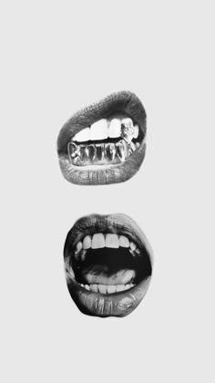 two mouths with teeth and fangs on the top one is black and white, while the other