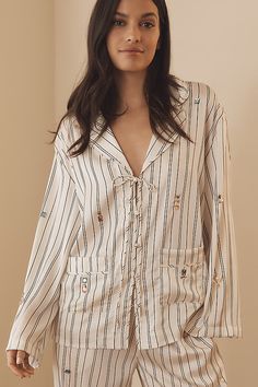 100% polyester Button-front closure with tie Embellished with jewels Hand wash Imported | Silky Bejeweled Pajama Top by Anthropologie in Black, Women's, Size: 2XS, Polyester Boujee Pajama Party, Free People Pajamas, Toile Pajamas, Pajama Ideas, Sleepwear Ideas, Sleep Tops, Bridesmaids Getting Ready, Italy Vibes, Cotton Pajamas Women