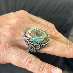 Silver Turquoise Stone Ring, Large Turquoise Rings, Ottoman Style Ring , Natural Gemstone , 925k Sterling Silver Ring , Gift For Him x★Item Details * Gender : Male / Female * Material : 925K Sterling Silver * Total weight : 26 Grams * Gemstone : Turquoise Stone ✔ Ready to Ship in 1-2 Business Days .. ✔ Shipped to the Worldwide 1-5 business days with free shipping... ✔ The product will be sent to you with a handmade wooden box to avoid any damage during shipping... ✔ Visit our store, browse other Unique Multi-stone Turquoise Ring, Artisan Turquoise Round Ring For Anniversary, Sterling Silver Multi-stone Turquoise Ring, Sterling Silver Round Turquoise Multi-stone Ring, Turquoise Multi-stone Round Opal Ring, Turquoise Inlay Round Rings, Artisan Turquoise Ring With Natural Stones For Anniversary, Artisan Turquoise Gemstone Ring For Anniversary, Turquoise Inlay Ring As A Gift