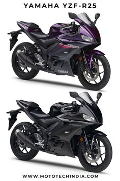 two motorcycles are shown side by side in purple and black colors, with the words yamaha vz - r25