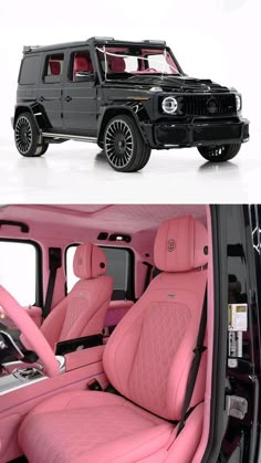 the inside and outside view of a pink jeep