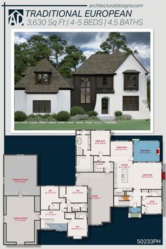 the floor plan for a new european style home with two story and three car garages