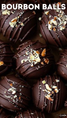 chocolate covered candies with walnuts and sea salt on top, text reads bourbon balls