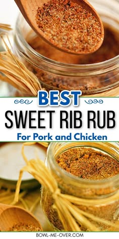 Small glass jar with dry seasoning rub with spoon with Pinterest overlay. Sweet And Spicy Dry Rub For Pork Ribs, Sweet Rub For Pork, Best Rib Dry Rub Recipe, Wet Rub For Ribs Recipe, Sweet Bbq Rub, Sweet Rub For Ribs, Sweet Dry Rub For Pork Ribs