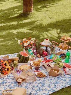 a picnic table with food and drinks on it in the middle of a grassy area