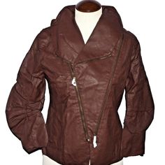 Romeo & Juliet Couture Jacket Brown Faux Leather Polyurethane Upper Soft Lining Functioning Double Zipper-Straight Middle Zipper Or Fold Over High Neck Measures 19" Across The Chest 19" Hips 22" Length 3/4 Ruched Sleeves Looks And Feels Like Real Leather New With Tags Size Medium Brown Asymmetrical Zip Outerwear With Zipper Closure, Brown Outerwear With Asymmetrical Zipper Closure, Fitted Brown Outerwear With Asymmetrical Zip, Brown Fitted Outerwear With Asymmetrical Zip, Brown Outerwear With Asymmetrical Zip For Fall, Fitted Fall Outerwear With Side Zipper, Brown Asymmetrical Zip Outerwear For Spring, Fitted Outerwear With Side Zipper For Fall, Brown Asymmetrical Zip Biker Jacket For Fall