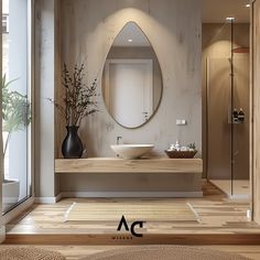 a bathroom with a round mirror above the sink and wood flooring on the walls