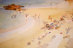 a painting of people at the beach on a sunny day