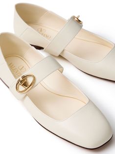 Find VALENTINO White Vlogo Locker Mary-jane Ballerina Shoes on Editorialist. Ivory white Made from calf leather VLogo Signature swivel closure Square toe Side touch-strap fastening Branded insole Flat sole Made in Italy Mary Jane Ballet Flats, Dr Shoes, Ballerina Shoes, Leather Cap, Sneaker Heels, Designer Heels, Heels Shoes, Ivory White, Nappa Leather