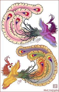 three different colored dragon designs on a white background