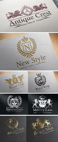 several different logos that are designed to look like gold, silver and black letters on white paper