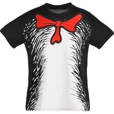 the cat in the hat t - shirt is black and white with a red bow