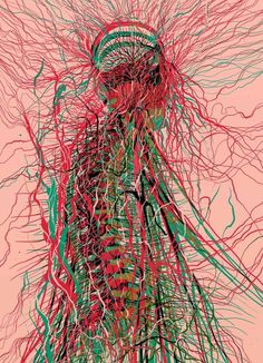 an abstract drawing of the top part of a tower with red and green wires running through it