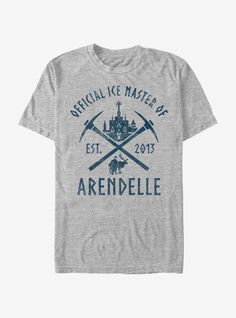 a gray t - shirt with an image of a castle and two crossed swords on it