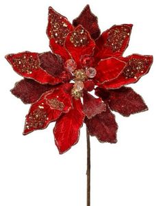 Jeweled encrusted velvet poinsettia stem - red gold - Greenery MarketMTX72651 RDGD Christmas Berries, Winter Signs, Wreath Maker, Fall Ribbons, Halloween Ribbon, Christmas Greenery, Stocking Tree, Leaf Garland, Winter Flowers