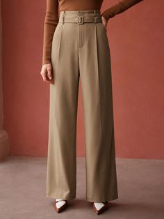 BELTED HIGH-WAIST SUIT PANTS Khaki    Woven Fabric Plain Wide Leg Non-Stretch All Women Clothing, size features are:Bust: ,Length: ,Sleeve Length: Back To Work Outfits, Women Suit Pants, Colour Combinations Fashion, Slacks For Women, Belted Pants, 60 Fashion, Suit Pants, Back To Work, Hot Outfits