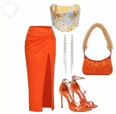 Summer Outfits Polyvore, Outfit Ideas Party Night, Orange Midi Skirt, Outfit Ideas Party, Streetwear Chic, Oufits Casual, Vegas Outfit, Glam Outfit, Orange Outfit