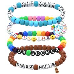 PRICES MAY VARY. FUN PHRASES: This pack has phrases that will spread laughs - funny memes, pickup lines for rave bae, explicit jokes, and more! You will get 15 of our 20 fun designs in this pack. MAKE MORE FRIENDS: More kandi means sharing more special moments, and making more friends! Bring extra and have the best festival experience! SAVE TIME & MONEY: Ever get frustrated looking for that last letter? Our packs will save you hours and are cheaper than purchasing a kit, beads, extra letter pack Beaded Bracelet With Words, Funny Braclet Ideas, Funny Letter Bracelets, Candy Bracelets Rave, Beaded Bracelets Funny, Funny Beaded Bracelets, Funny Beaded Bracelets Words, Matching Kandi Bracelets For Couples, Letter Bracelet Beads Ideas Funny