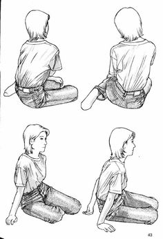 four different views of a person sitting on the ground