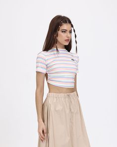 Model (WearingS):• Height: 171cm | Bust: 83cm | Waist: 59cm | Hips: 89cmDetails: Rainbow print T-shirt with a backless designTop Length: CroppedMaterials:95% Cotton + 5% Spandex Summer Striped Stretch T-shirt, Striped Stretch T-shirt For Summer, Striped Y2k Tops For Spring, Y2k Striped Tops For Spring, Striped Cotton Crop Top With Short Sleeves, Striped Short Sleeve Crop Top For Spring, Spring Striped Short Sleeve Crop Top, Rainbow T Shirt, Backless Design