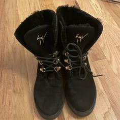 Size 37 (For Like 6.5) Excellent Condition Shearling Lined Suede Upper Can Be Worn With Backs Up Or Down Gold Details Love These But They Are Too Small For Me Sadly! Elegant Boots With Faux Fur Lining, Luxury Suede Lace-up Boots For Winter, Luxury Winter Knee-high Boots With Snip Toe, Luxury Suede Lace-up Winter Boots, Luxury Boots With Faux Fur Lining, Winter Suede Knee-high Boots With Snip Toe, Shearling Lace-up Winter Boots, Giuseppe Zanotti Shoes, Winter Rain