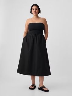 Mixed Media Midi Dress | Gap Evening Midi-length Dress With Relaxed Skirt, Elegant Bandeau Dress For Day Out, Chic Sleeveless Dress With Relaxed Skirt, Summer Evening Dress With Relaxed Skirt, Elegant Strapless Bandeau Dress For Day Out, Chic Summer Midi Dress With Relaxed Skirt, Chic Relaxed Fit Summer Midi Dress, Chic Bandeau Midi Dress For Summer, Chic Bandeau Midi Dress For Brunch