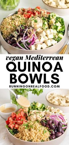 two bowls filled with quinoa and black olives next to another bowl full of salad