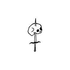 a black and white drawing of a skull on a stick