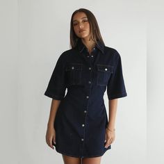 Blue Denim Mini Dress Button-Up Front Pockets On Bust Collared Neckline Short Sleeved Not Lined 100% Cotton Australian Brand Aus Size 8/Us Size 4 Cheap Dark Wash Button-up Denim Dress, Cheap Mini Denim Dress By Forever 21, Denim Blue Shirt Dress With Button Closure, Short Sleeve Denim Blue Shirt Dress With Buttons, Denim Short Sleeve Dress With Buttons, Summer Dark Wash Denim Dress With Buttoned Pockets, Denim Blue Short Sleeve Shirt Dress, Denim Dress With Buttons And Short Sleeves, Denim Dresses With Buttons And Short Sleeves