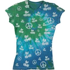 Allover Print Birds On Guitars & Peace Signs On Blue & Green Burnout Tee Green Summer Concert Top, Green Summer Concert Tops, Green Short Sleeve Top For Concert, Green Summer Top For Concerts, Blue T-shirt For Summer Concerts, Green Crew Neck Top For Concert, Blue Cotton T-shirt For Concert, Green Band Merch Tops For Summer, Euphoria Clothes