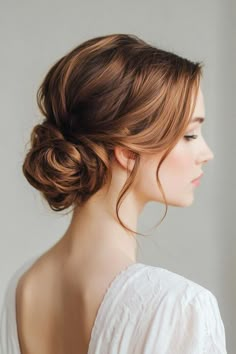 hair updos, beginner hairstyles, elegant hairstyles Simple Elegant Low Bun, Updo Loose, Wedding Simple Updo, Simple Wedding Bun Hairstyles, Bun Hairstyles For Round Face, Wedding Buns Hairstyle, Simple Elegant Updos For Medium Hair, Relaxed Updo Hairstyles, Loose Low Bun