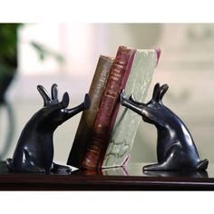 Rabbit Pushing Books Bookends By SPI Home | Bookends | Modishstore Cast Iron Set, Decorative Bookends, Book Ends, Bunny Art, Plywood Furniture, Home Library, Mice, Sake, Bookends