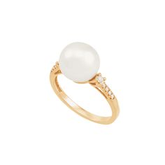 Stay classic and on-trend all at the same time with this chic ring! A head-turning 10-10.5 mm white freshwater pearl is set atop a dainty 14K gold band, dotted with sparkling round-cut diamonds totaling 1/10 ct. Ring face measures 1/2 by 1/2 inches. Size: one size.  Gender: female.  Age Group: adult. Classic White Pearl Ring With Diamond Accents, Classic White Jewelry With Tension Setting, Classic White Rings With Diamond Accents, Chic Rings, White Freshwater Pearl, Gold Band, Round Cut Diamond, Gold Bands, Women Rings