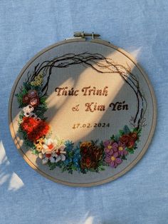 a close up of a embroidery on a blue cloth with the words time limit and kim written in it