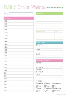 the daily travel planner is shown in pink, green and blue