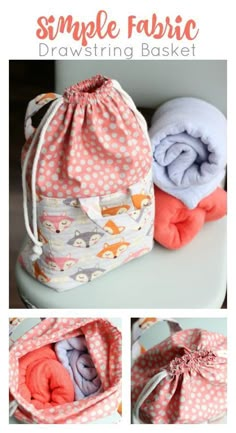 some fabric bags with different designs on them and the words simple fabric drawstring basket