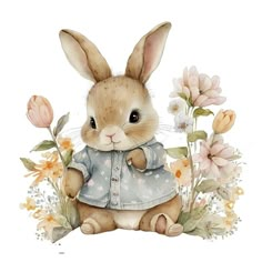 a watercolor painting of a bunny with flowers