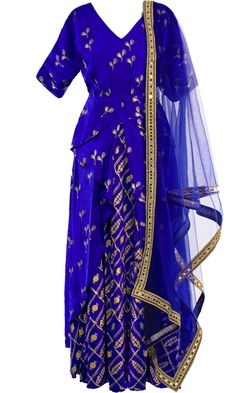 Gorgeous royal blue lehenga with a long top and embroidered dupatta. The lehenga and blouse have gold prints all over adding a beautiful shine.