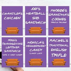 there are six purple signs with orange couches on them and the names of each