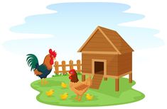 two chickens and a chicken house in the grass