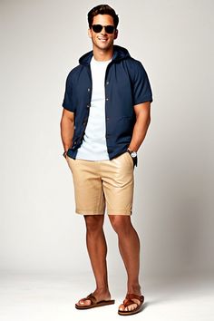 Outfit Idea for casual:Mans olive green short-sleeve button-up shirt: Mans beige chino shorts: Mans navy blue blue lightweight hoodie: Mans brown leather sandals: Mans aviator sunglasses: Outfit Generator, Casual Outfit Idea, Chubby Men, Beige Chinos, Mens Casual Outfits Summer, Olive Green Shorts, Aviator Sunglasses Mens, Brown Leather Sandals