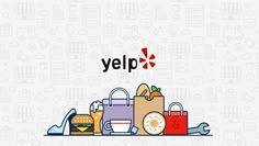 the logo for yelp is shown with bags and food