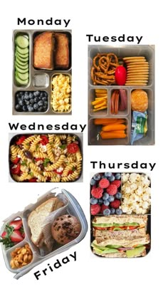 four different lunch boxes filled with food and the words monday, tuesday, wednesday, friday