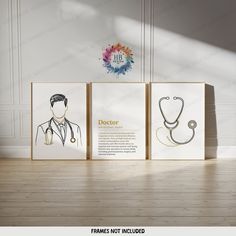 three medical posters on the wall in an empty room with wood flooring and white walls